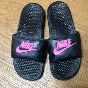Nike Black Slide Sandals with Pink Logo Accents